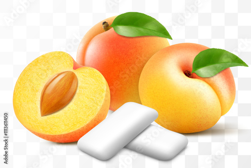Bubble gum with an apricot or peach flavor. Pads of bubble gum spearmint for fresh breathing. Chewing gums for healthy teeth and dental hygiene. Refreshing candy. Realistic 3D vector illustration