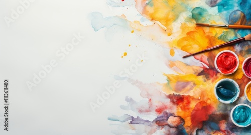 Colorful watercolor paints and brushes arranged on a vibrant artistic background