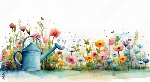 Colorful watering can surrounded by vibrant flowers in a serene garden setting
