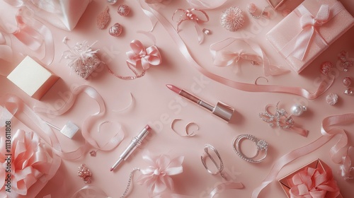 Luxurious beauty and cosmetics flat lay with pastel colors and elegant access...