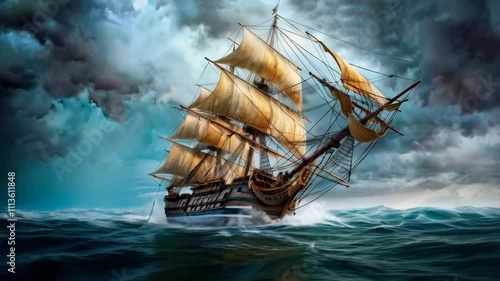A majestic sailing ship in the middle of a stormy sea, with dramatic clouds and waves crashing around it