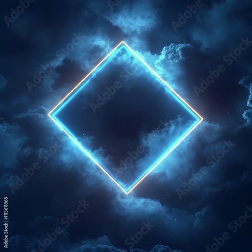 Bright blue diamond shape glowing in dark clouds at night