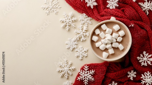Cozy hot chocolate with marshmallows surrounded by festive winter decorations...