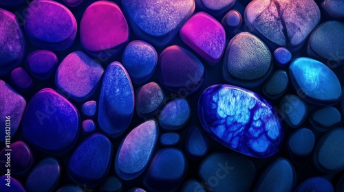 Colorful stones create a vibrant background with shades of blue and purple un...