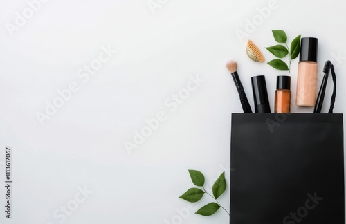 Elegant arrangement of cosmetics and flowers on a white surface