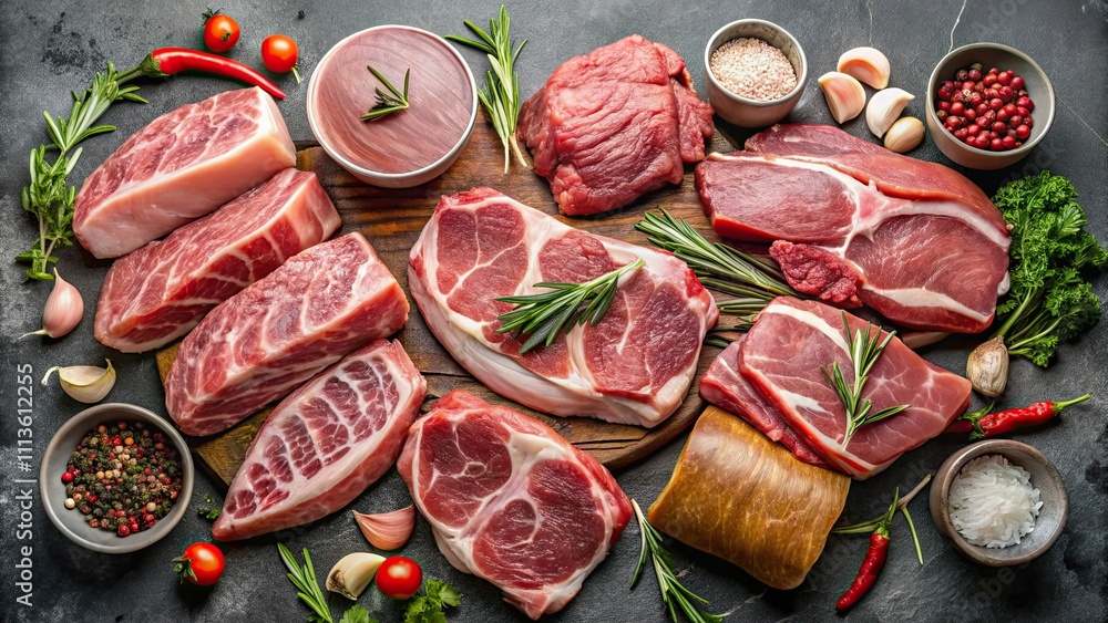 Assorted raw pork meat and beef cuts , Raw, pork, meat, beef, cuts, assortment, variety, marbling, fresh, uncooked, butcher, selection Assorted raw pork meat and beef cuts , Raw, pork, meat, beef, cuts, assortment, variety, marbling, fresh, uncooked, butcher, selection