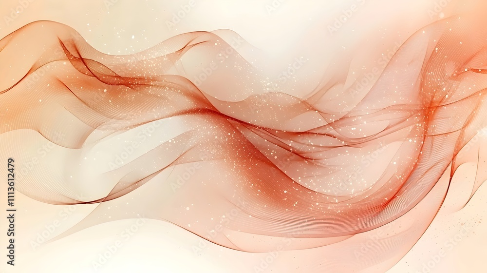 Fototapeta premium An abstract wave pattern in soft hues of orange and beige, creating a serene and dreamy atmosphere with flowing lines and subtle sparkles throughout.