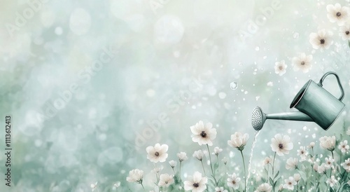 Watering can pouring water on delicate white flowers in a serene garden setting