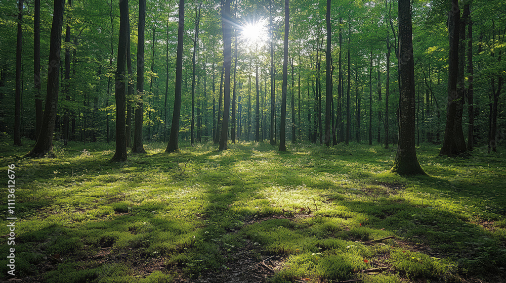 Obraz premium Sunlight Filtering Through Lush Green Forest Canopy Illuminating Tranquil Woodland Floor and Creating Serene Nature Scene in Early Morning