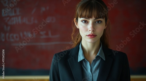 Young professional woman stands confidently in office setting against red bac...