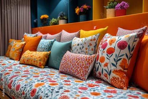 Brightly colored pillows can be a great decorative element for any room, adding a touch of cheer and style. They can come in a variety of colors, from rich reds, blues, and yellows to subdued pastel s photo