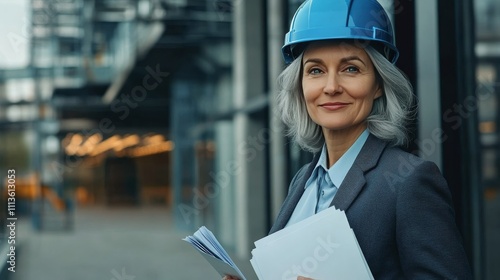 Professional woman in blue hard hat reviews plans at construction site in urb...