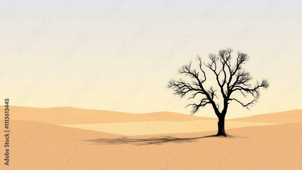 Desert Solitude: A Single Tree in the Dunes at Sunset, Evoking Serenity and Isolation Desert Solitude: A Single Tree in the Dunes at Sunset, Evoking Serenity and Isolation