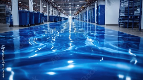 Shiny blue epoxy floor in warehouse. Ideal for showcasing industrial design, clean spaces, or flooring solutions.