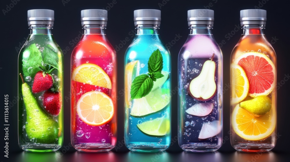 Row of five bottles of fruit juice with different fruit in them. The bottles are all different colors and sizes Row of five bottles of fruit juice with different fruit in them. The bottles are all different colors and sizes
