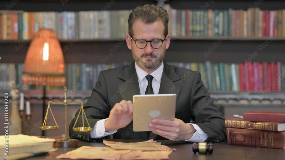 Middle Aged Lawyer Using Tablet in Office Middle Aged Lawyer Using Tablet in Office