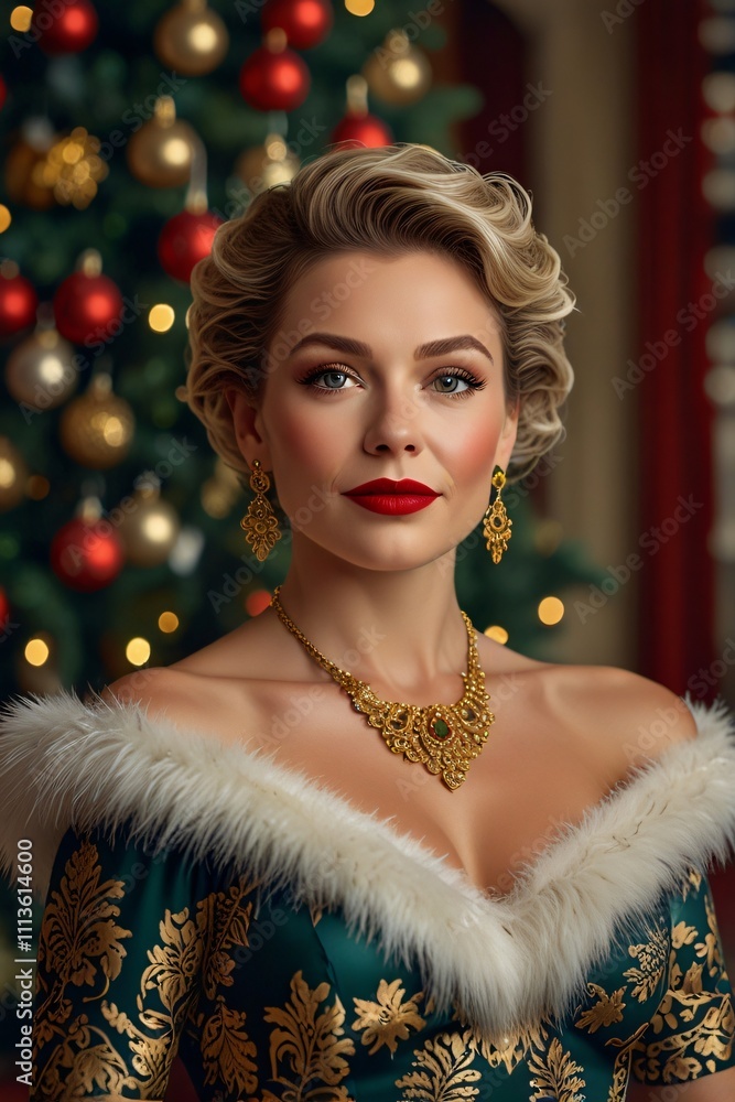 Elegant Woman in Green Dress Christmas Background Elegant Woman in Green Dress Christmas Background