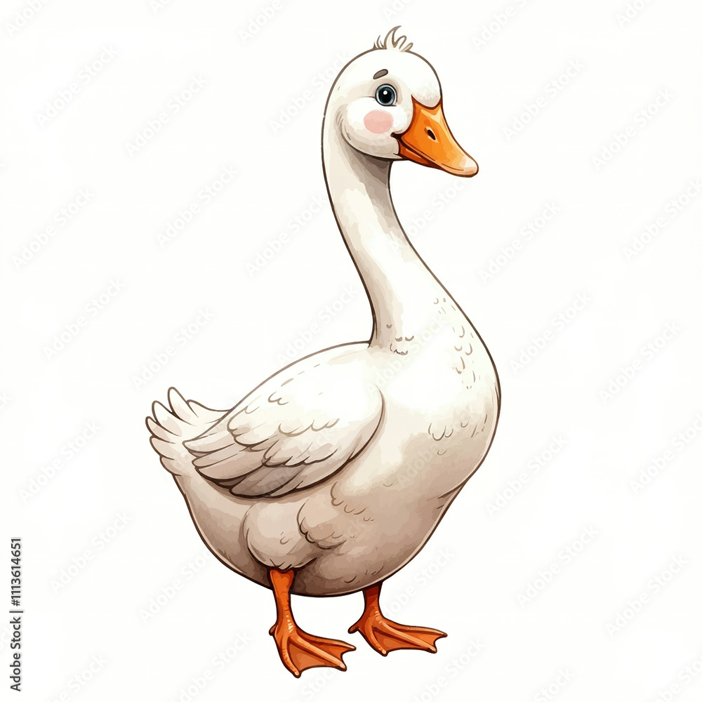 Obraz premium Cute and happy cartoon goose watercolor illustration with a cheerful expression and playful vibes, perfect for nursery decor and children's rooms. Isolated on white background.