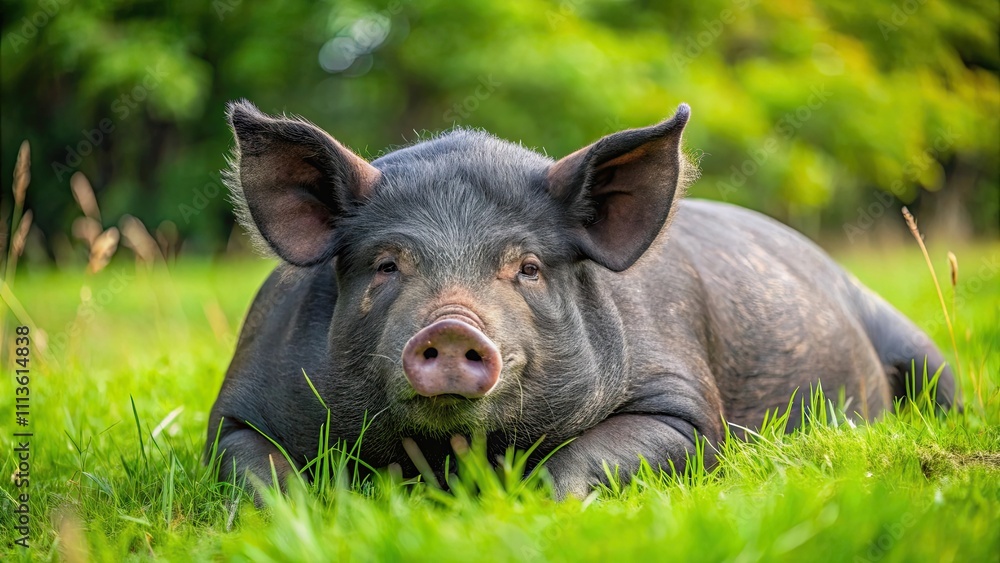 Fototapeta premium Black pig peacefully resting on lush green grass, pig, black, grass, green, farm, animal, livestock, nature, field