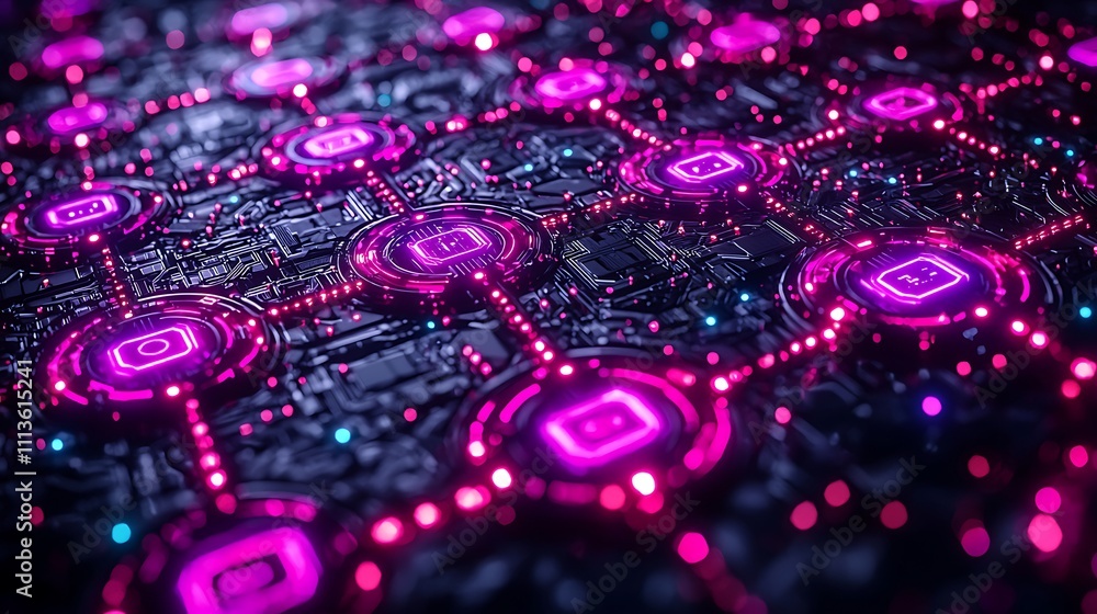 Abstract digital network of interconnected camera icons on a circuit board. Abstract digital network of interconnected camera icons on a circuit board.
