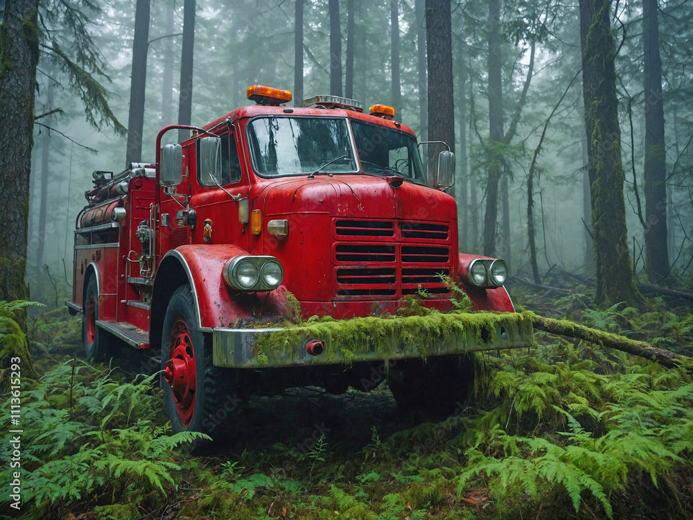 An abandoned fire truck sitting in a dense, misty forest. An abandoned fire truck sitting in a dense, misty forest.