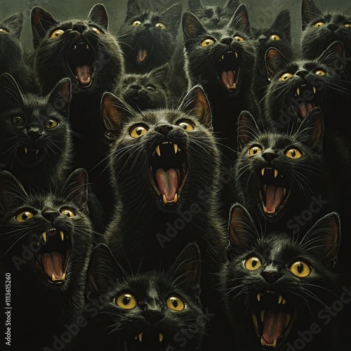 Many black cats with open mouths. photo