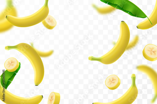 Banana background. Flying bananas are peeled and banana bunches. Unfocused and blurry effect. Can be used for wallpaper, banner, poster, print, fabric, wrapping paper. Realistic 3d vector illustration