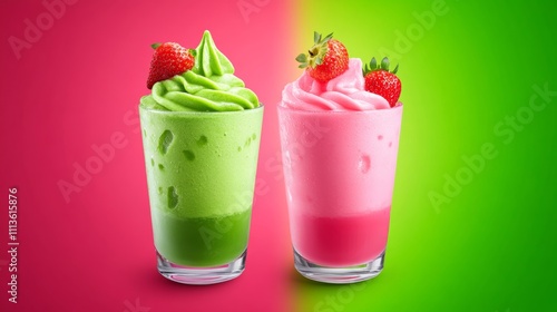 Two glasses of strawberry and green smoothies on a pink and green background. The smoothies are topped with strawberries and green ice cream