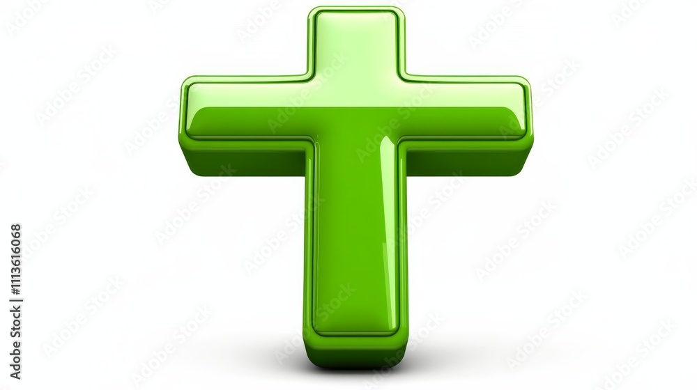 Obraz premium Glossy Green Cross Symbol on Clean White Background for Spiritual Designs - Minimalist 3D Icon of Faith and Purity, Reflective Surface, Religious Emblems, Monochrome Composition