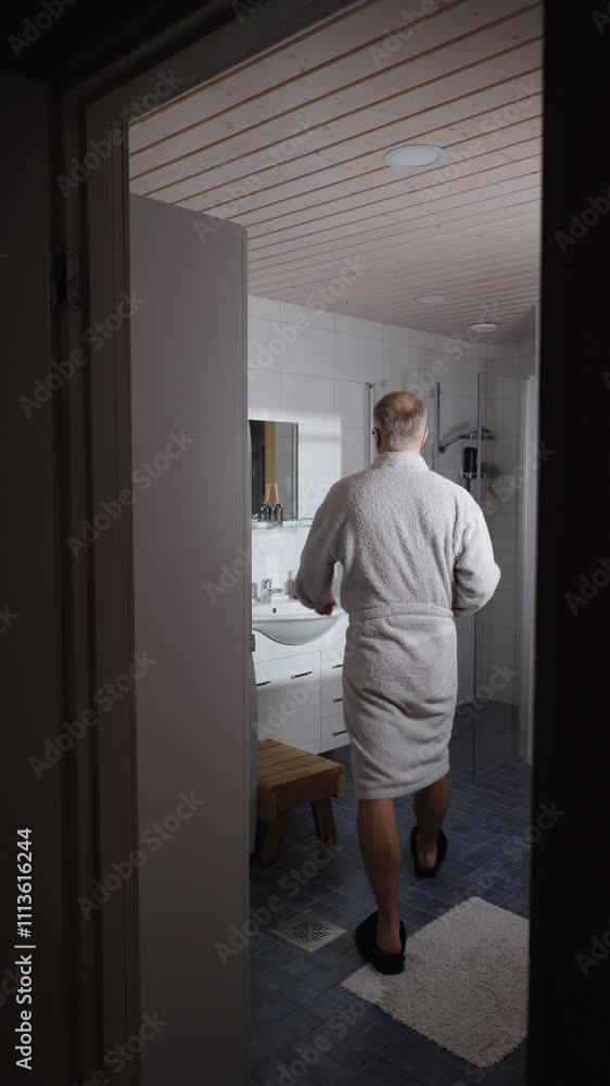 A middle-aged man in a bathrobe brushes his teeth in a bathroom early in the morning. Routine start to the day, emphasizing hygiene and self-care. A middle-aged man in a bathrobe brushes his teeth in a bathroom early in the morning. Routine start to the day, emphasizing hygiene and self-care.