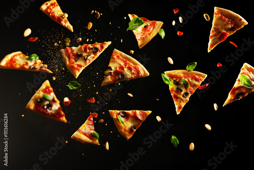 Flying slices of tasty pizzas levitation isolated on bla\ack background. photo