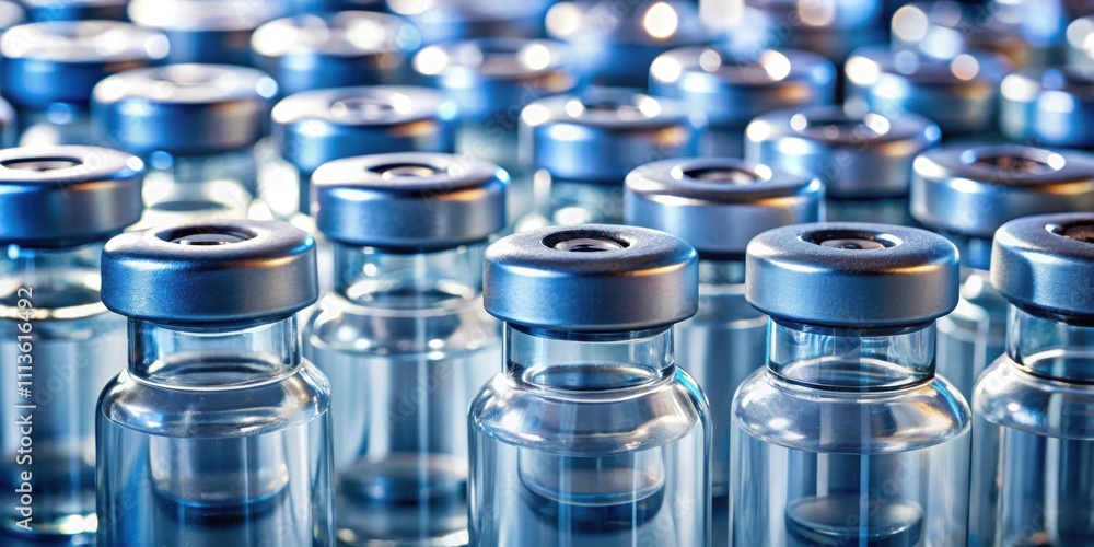 Close-up of multiple Covid-19 vaccine vials in a macro shot, coronavirus, vaccination, healthcare, medicine, science Close-up of multiple Covid-19 vaccine vials in a macro shot, coronavirus, vaccination, healthcare, medicine, science