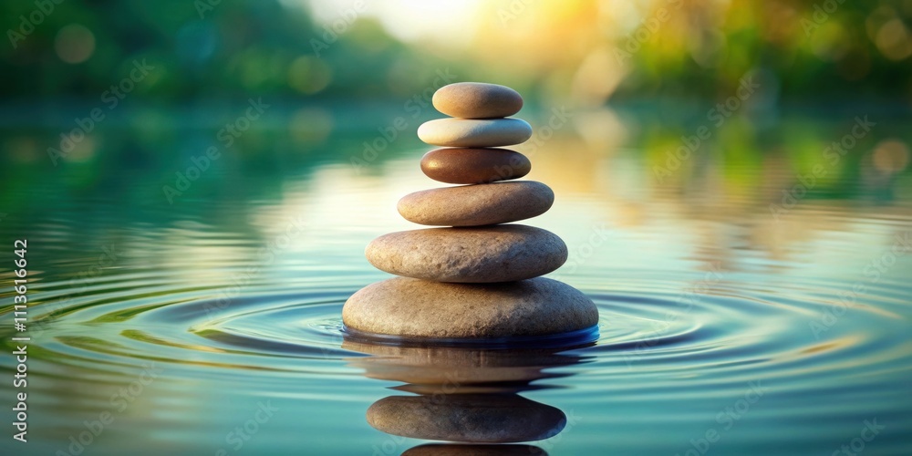 Zen stones stacked in perfect balance in tranquil water , mindfulness, meditation, relaxation, harmony, balance, peaceful Zen stones stacked in perfect balance in tranquil water , mindfulness, meditation, relaxation, harmony, balance, peaceful