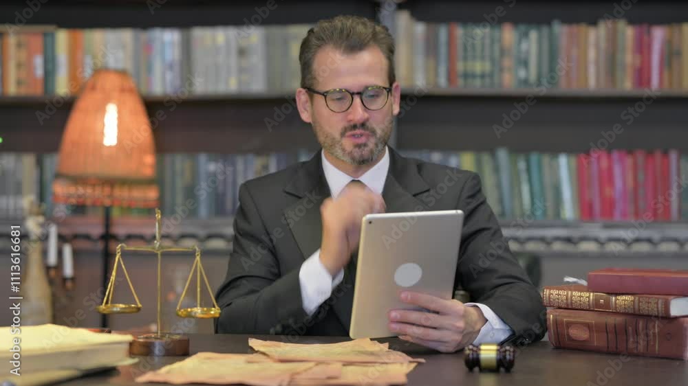 Middle Aged Lawyer Doing Video Chat on Tablet in Office Middle Aged Lawyer Doing Video Chat on Tablet in Office