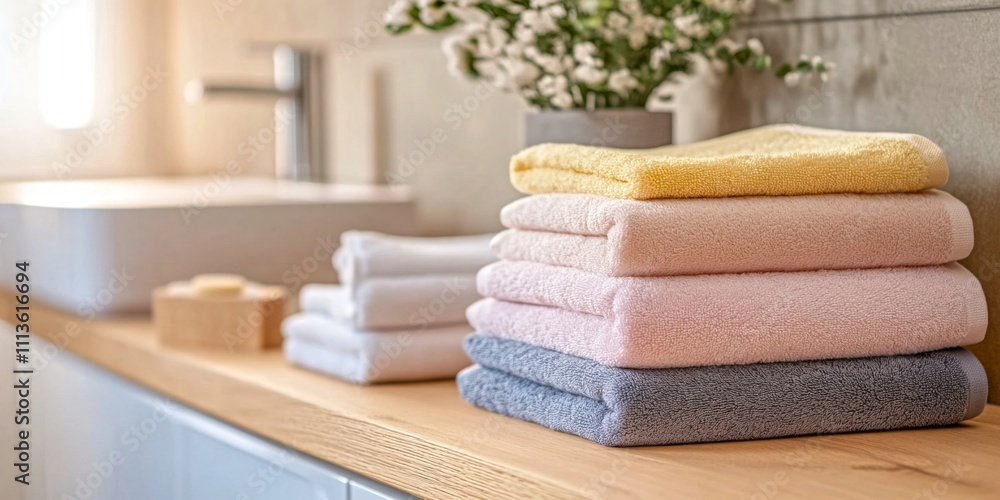 A cozy display of neatly stacked towels in soft pastel colors. Perfect for a comforting bathroom ambiance. This stylish arrangement creates a welcoming atmosphere. AI A cozy display of neatly stacked towels in soft pastel colors. Perfect for a comforting bathroom ambiance. This stylish arrangement creates a welcoming atmosphere. AI