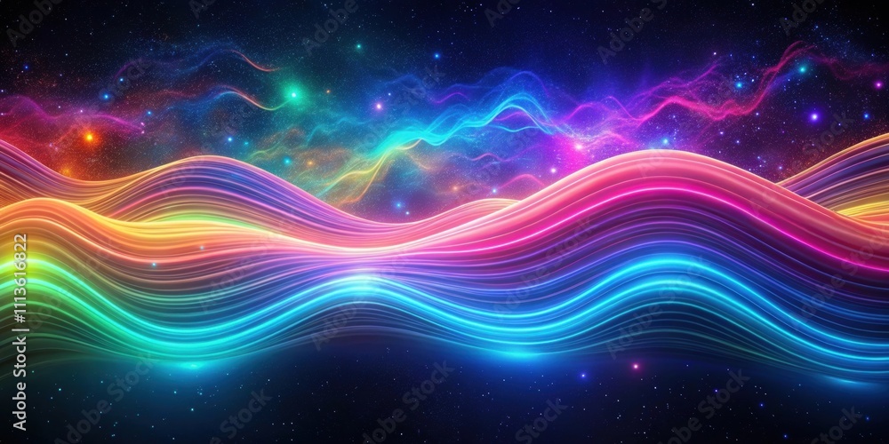 Colorful neon waves flowing under starry sky, neon, waves, colors, abstract, motion, vibrant, bright, light, glow, celestial Colorful neon waves flowing under starry sky, neon, waves, colors, abstract, motion, vibrant, bright, light, glow, celestial