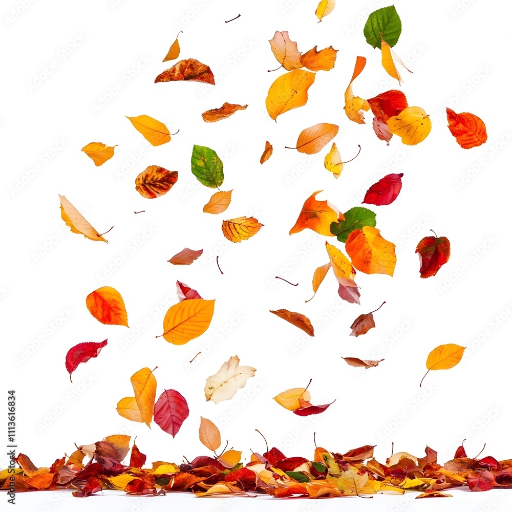A cascade of colorful autumn leaves falling against a white background. A cascade of colorful autumn leaves falling against a white background.