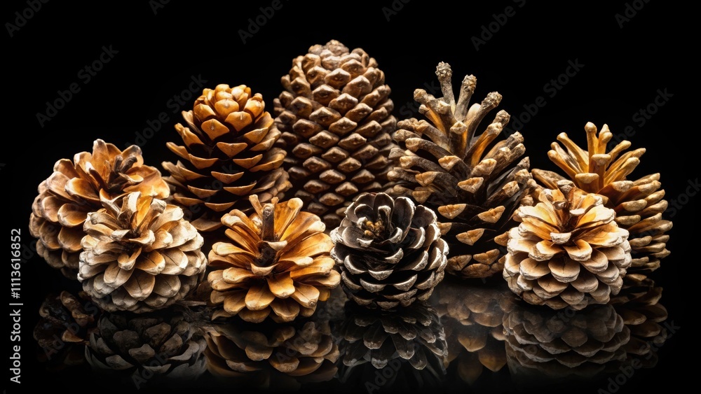Collection of pine cones on black background, isolated on a background, graphic resource, pine cones Collection of pine cones on black background, isolated on a background, graphic resource, pine cones