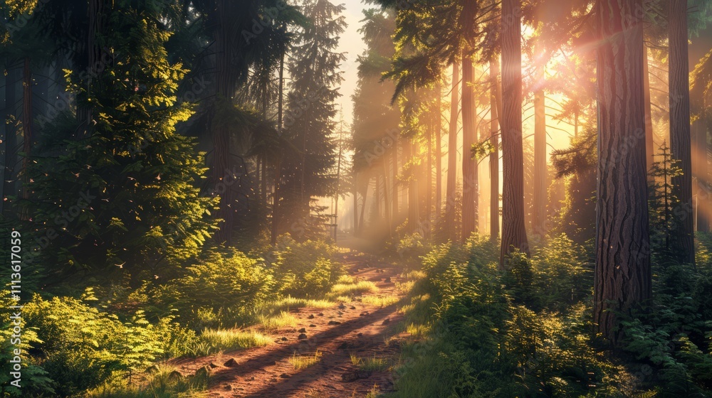 Obraz premium Morning sunlight illuminates serene forest path nature exploration tranquil environment lush greenery scenic perspective