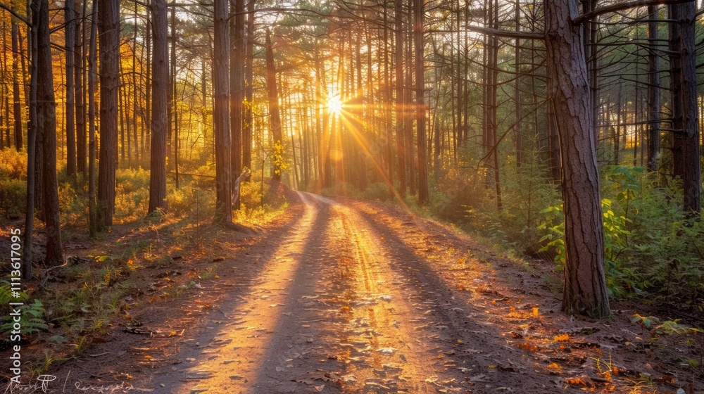 Fototapeta premium Sunrise journey through tranquil forest path nature landscape photography peaceful environment serene viewpoint