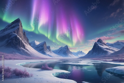 Vibrant aurora borealis over snow-covered mountains and frozen lake.