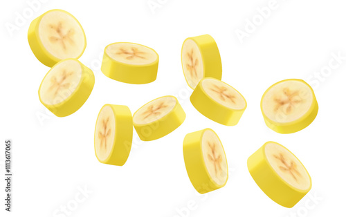 Banana background. Flying banana slices Unfocused and blurry effect. Can be used for wallpaper, banner, poster, print, fabric, wrapping paper. Realistic 3d vector illustration