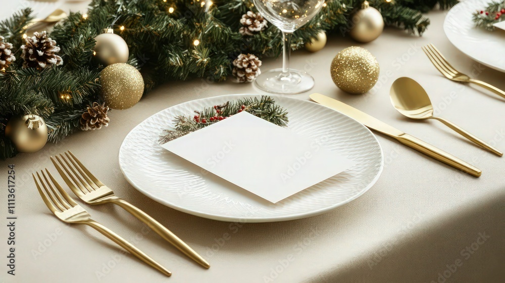 Festive christmas table setting with golden cutlery and porcelain plate and christmas decoration. Mockup for place card, dinner invitation, restaurant menu template. Festive christmas table setting with golden cutlery and porcelain plate and christmas decoration. Mockup for place card, dinner invitation, restaurant menu template.