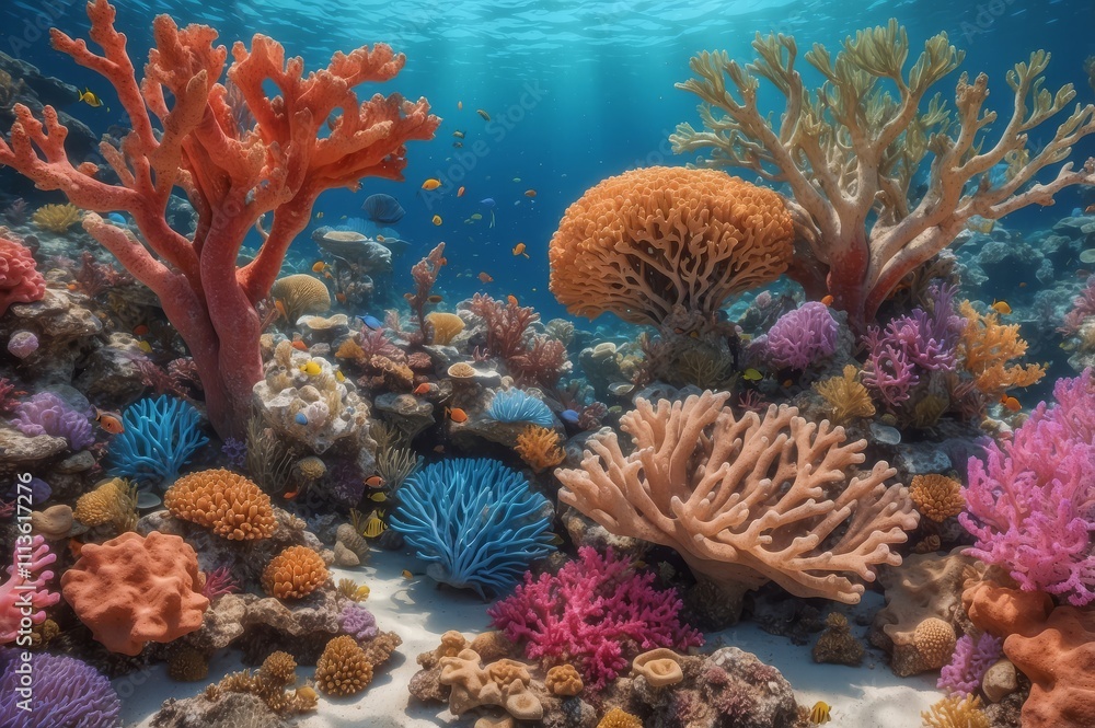 Vibrant coral reef teeming with diverse marine life, showcasing various coral species in a sunlit underwater scene. Vibrant coral reef teeming with diverse marine life, showcasing various coral species in a sunlit underwater scene.