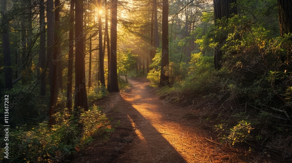 Obraz premium Peaceful morning walk through sunlit forest path nature scene outdoor environment serene viewpoint tranquility concept