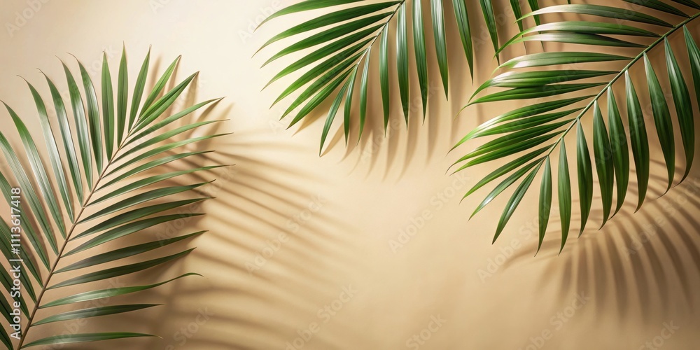 Fototapeta premium Palm leaves shadow on beige background, freeze motion, palm, leaves, shadow, beige, background, freeze, motion, tropical