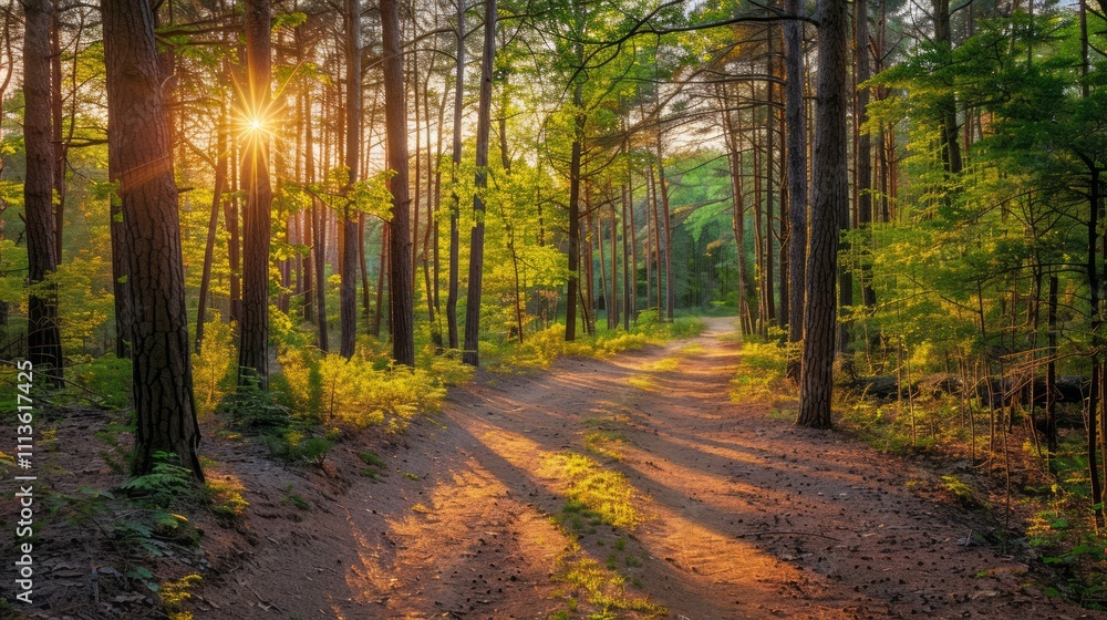 Fototapeta premium Sunlit forest pathway nature trail landscape photography tranquil environment morning light serene concept