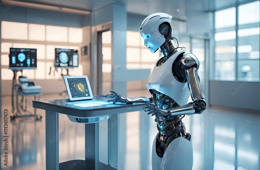 A futuristic robot doctor in a sleek, metallic design, equipped with advanced medical tools and a digital interface A futuristic robot doctor in a sleek, metallic design, equipped with advanced medical tools and a digital interface