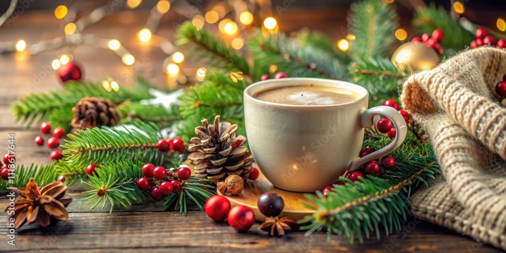 Cozy coffee cup surrounded by festive decorations and greenery, cozy, coffee cup, festive, decorations, greenery, Christmas Cozy coffee cup surrounded by festive decorations and greenery, cozy, coffee cup, festive, decorations, greenery, Christmas