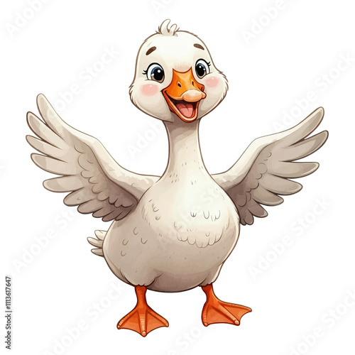 Cute and happy cartoon goose watercolor illustration with a cheerful expression and playful vibes, perfect for nursery decor and children's rooms. Isolated on white background.